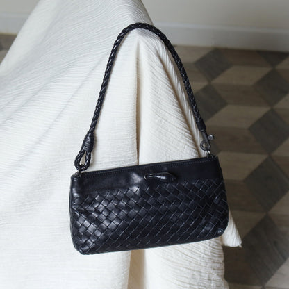 Bottega Veneta Vintage Black Intrecciato Weave Mini Pochette Clutch Shoulder Bag S
