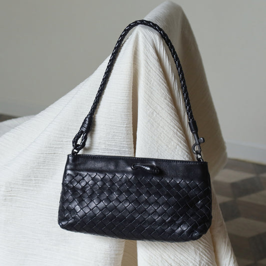 Bottega Veneta Vintage Black Intrecciato Weave Mini Pochette Clutch Shoulder Bag S