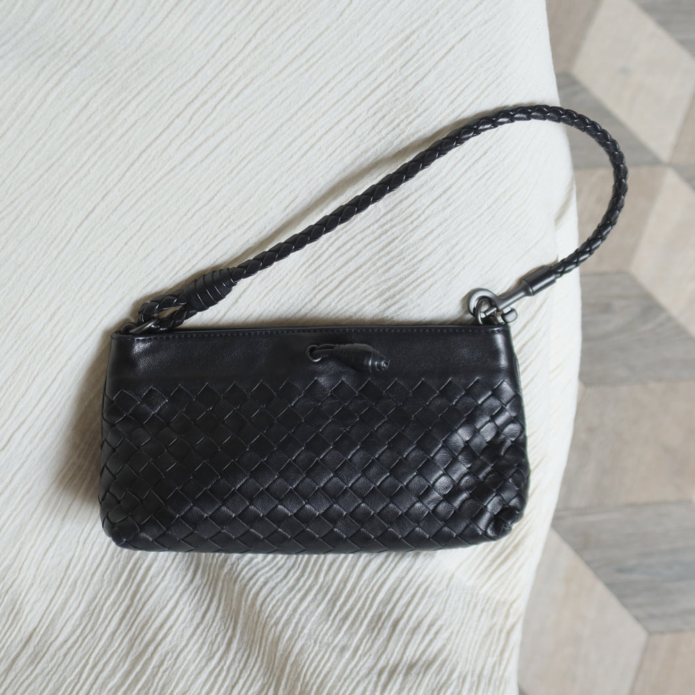 Bottega Veneta Vintage Black Intrecciato Weave Mini Pochette Clutch Shoulder Bag S