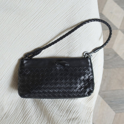 Bottega Veneta Vintage Black Intrecciato Weave Mini Pochette Clutch Shoulder Bag S