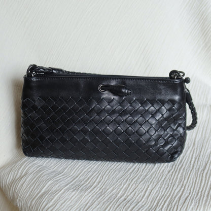 Bottega Veneta Vintage Black Intrecciato Weave Mini Pochette Clutch Shoulder Bag S