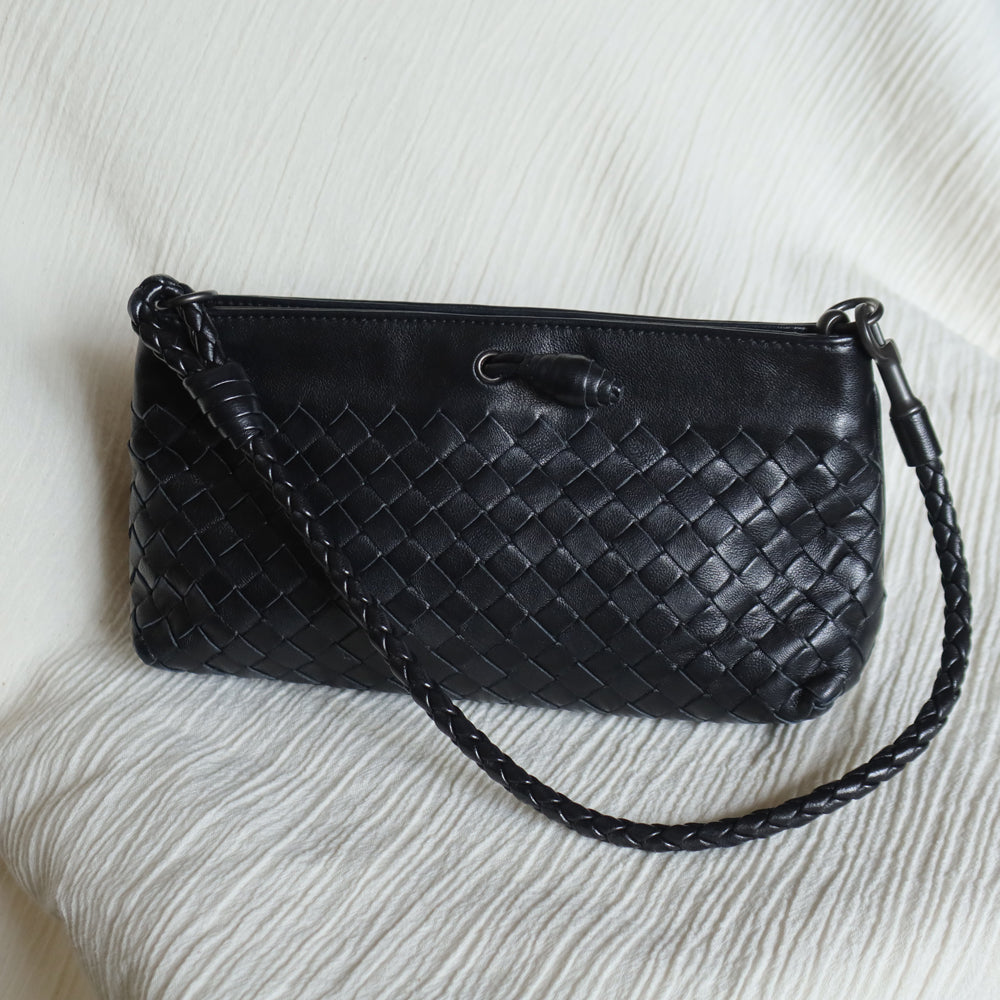 Bottega Veneta Vintage Black Intrecciato Weave Mini Pochette Clutch Shoulder Bag S