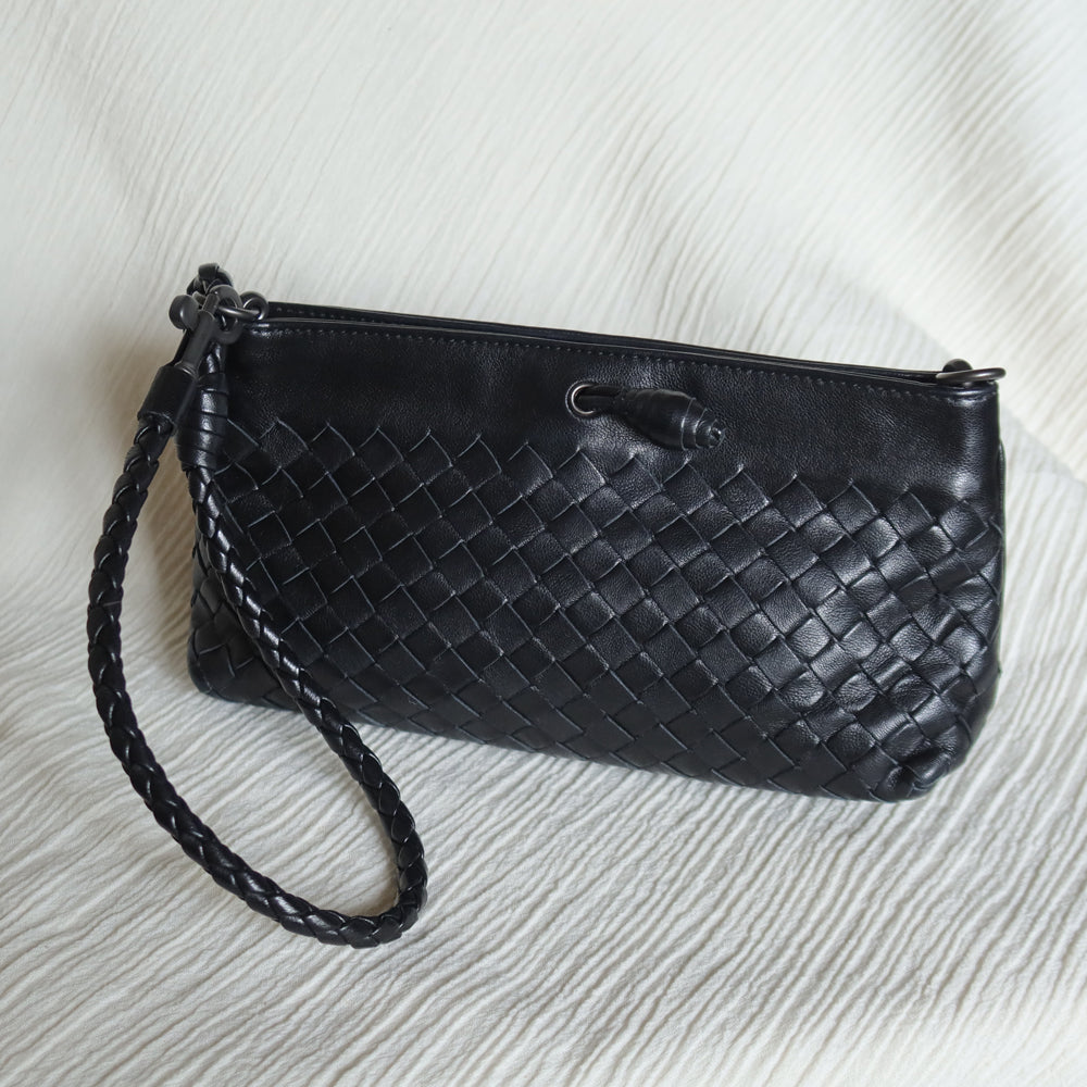 Bottega Veneta Vintage Black Intrecciato Weave Mini Pochette Clutch Shoulder Bag S