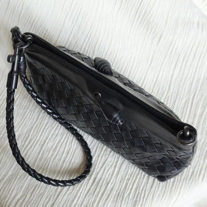 Bottega Veneta Vintage Black Intrecciato Weave Mini Pochette Clutch Shoulder Bag S