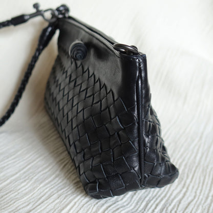 Bottega Veneta Vintage Black Intrecciato Weave Mini Pochette Clutch Shoulder Bag S