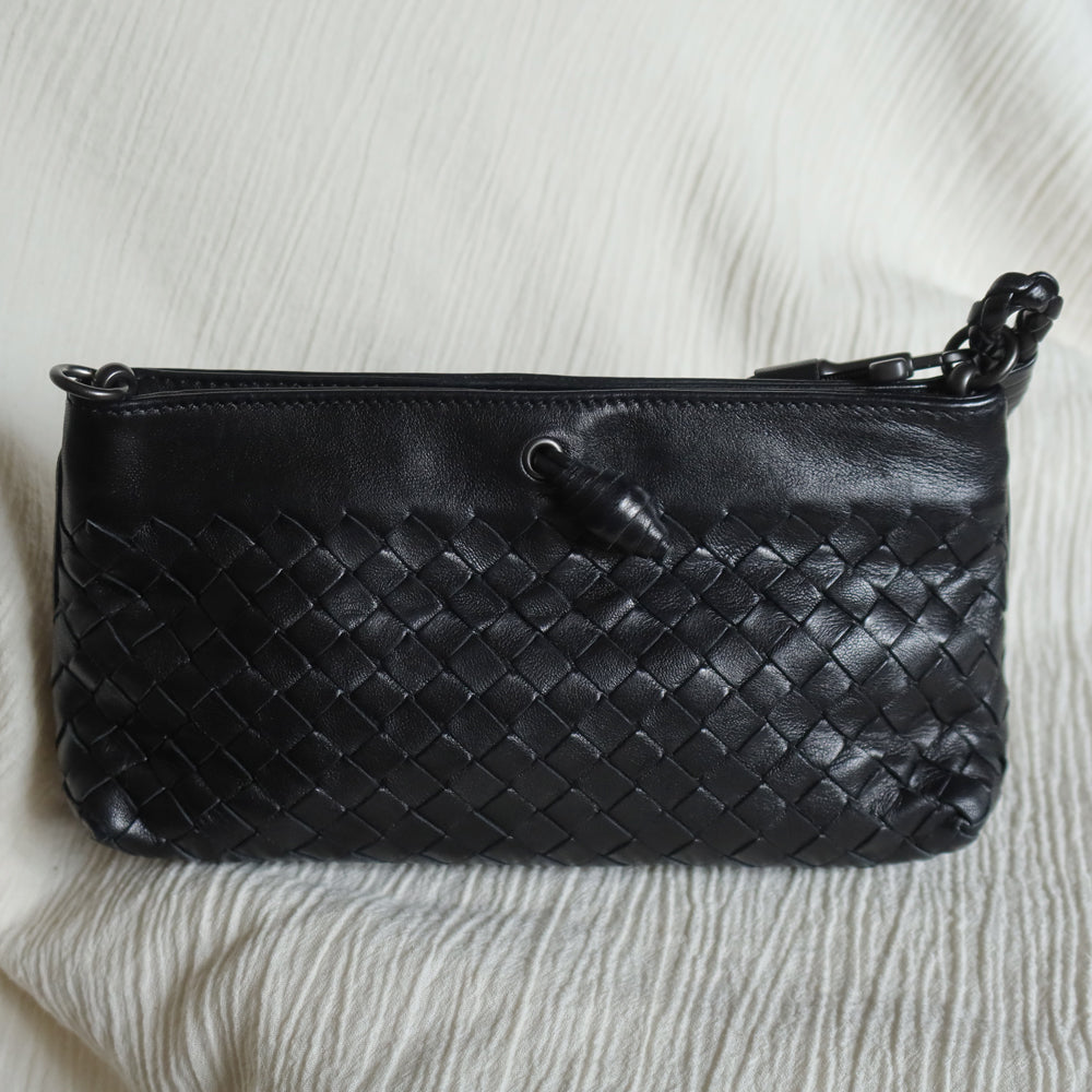 Bottega Veneta Vintage Black Intrecciato Weave Mini Pochette Clutch Shoulder Bag S