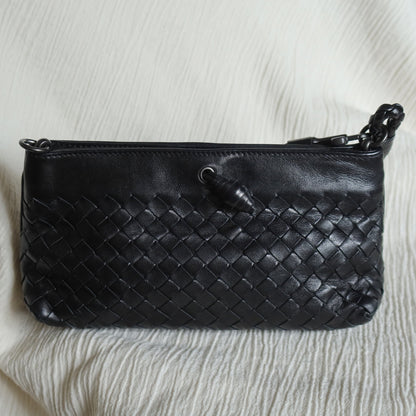 Bottega Veneta Vintage Black Intrecciato Weave Mini Pochette Clutch Shoulder Bag S