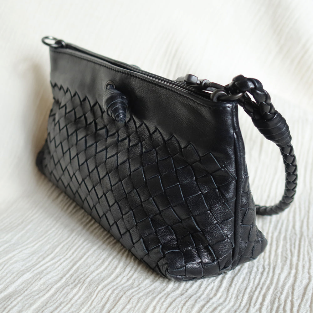 Bottega Veneta Vintage Black Intrecciato Weave Mini Pochette Clutch Shoulder Bag S