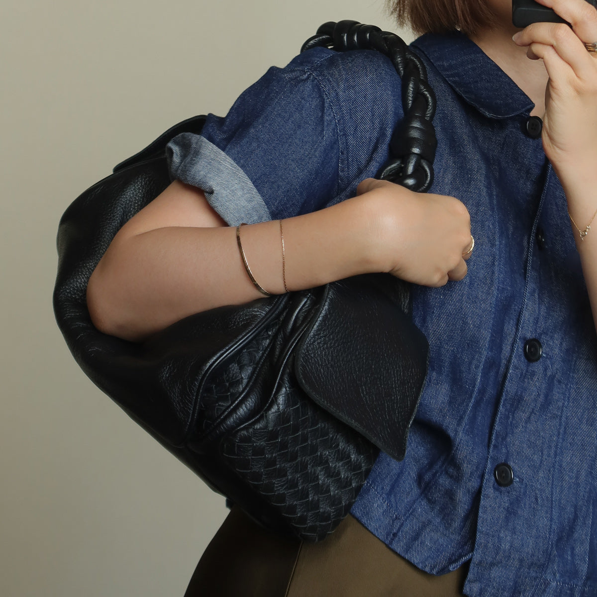 Bottega Veneta Vintage Black Intrecciato Leather Braided Strap Shoulder Bag