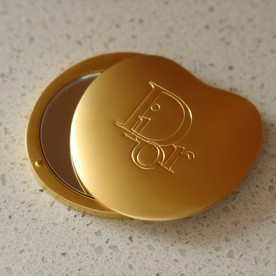 Rare Christian Dior Vintage Metallic Gold Heart Shape Sliding Pocket Mirror