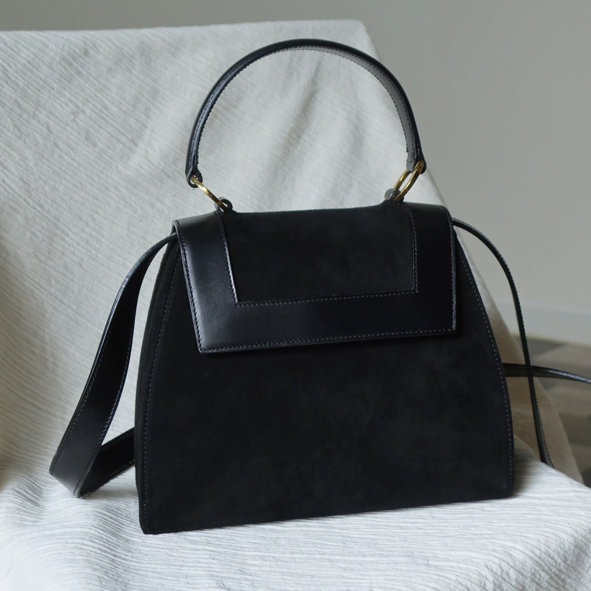 Celine Vintage Black Dual Leather Gold Ring Top Handle Shoulder Flap Bag
