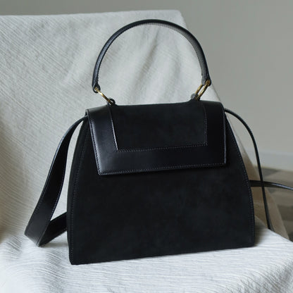 Celine Vintage Black Dual Leather Gold Ring Top Handle Shoulder Flap Bag
