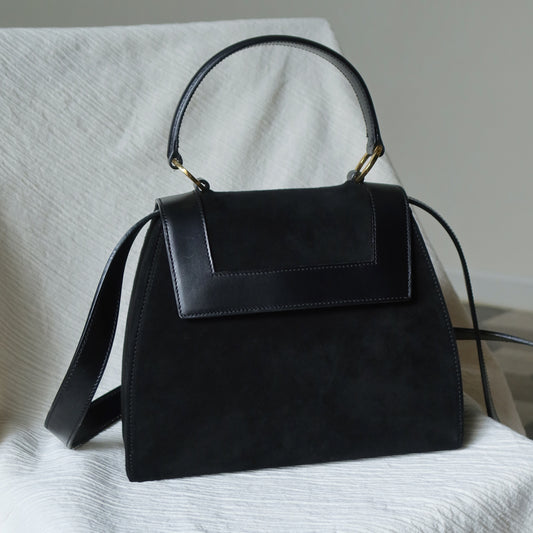 Celine Vintage Black Dual Leather Gold Ring Top Handle Shoulder Flap Bag