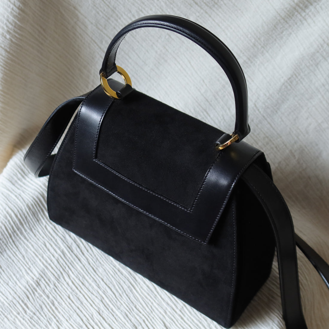 Celine Vintage Black Dual Leather Gold Ring Top Handle Shoulder Flap Bag