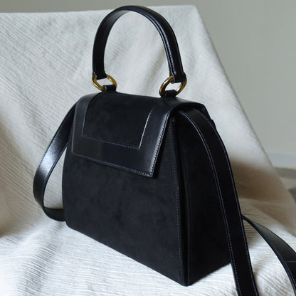 Celine Vintage Black Dual Leather Gold Ring Top Handle Shoulder Flap Bag