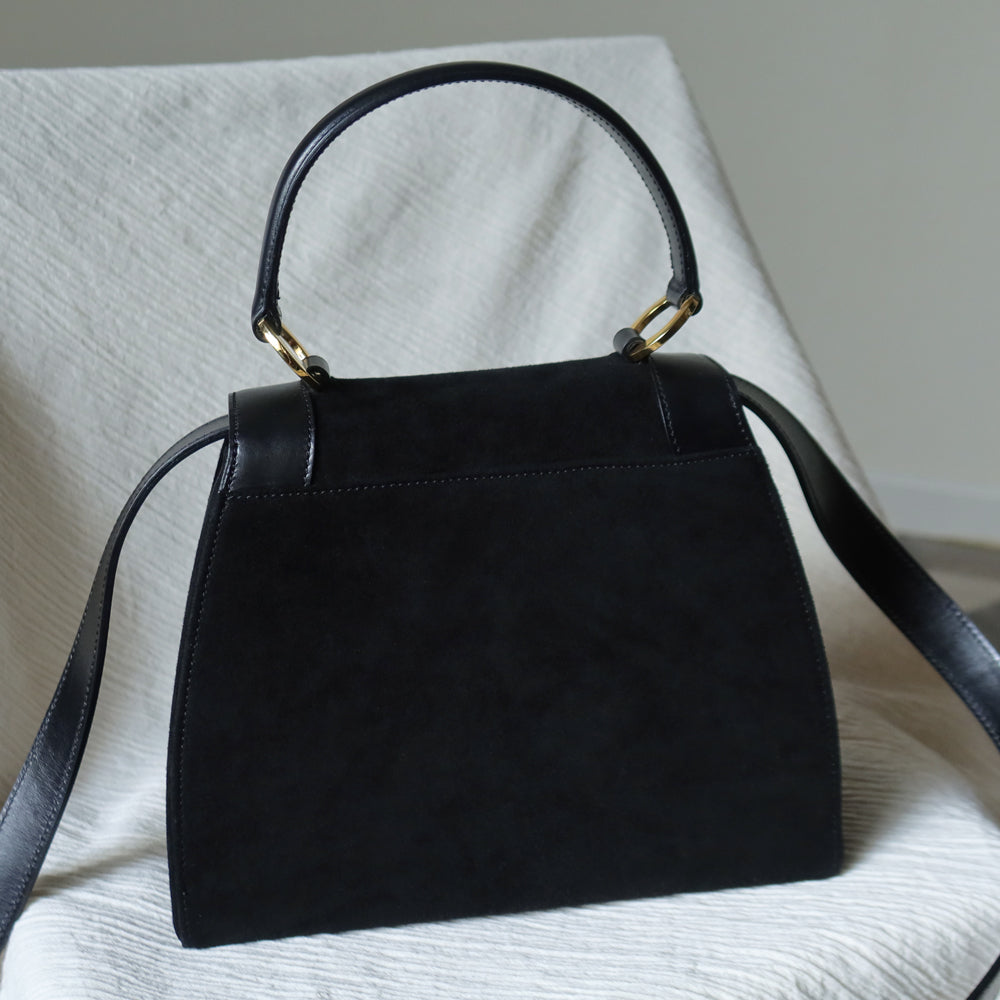 Celine Vintage Black Dual Leather Gold Ring Top Handle Shoulder Flap Bag