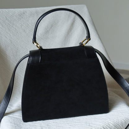 Celine Vintage Black Dual Leather Gold Ring Top Handle Shoulder Flap Bag