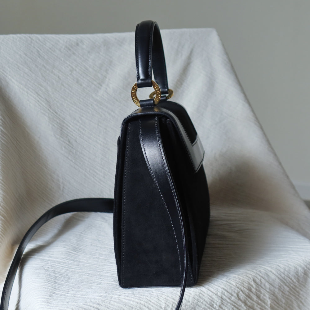Celine Vintage Black Dual Leather Gold Ring Top Handle Shoulder Flap Bag