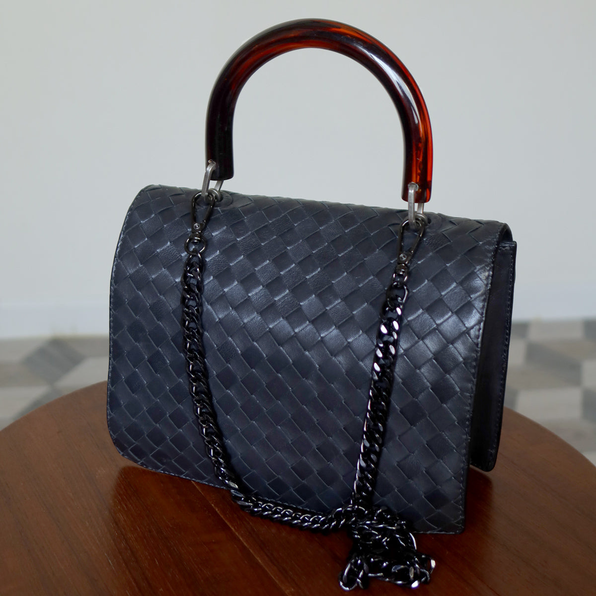 Bottega Veneta Vintage Lambskin Mini Intrecciato Flap Bag