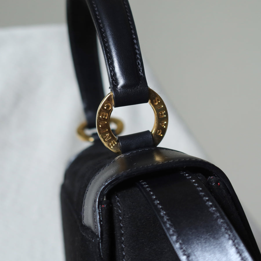 Celine Vintage Black Dual Leather Gold Ring Top Handle Shoulder Flap Bag