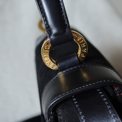 Celine Vintage Black Dual Leather Gold Ring Top Handle Shoulder Flap Bag