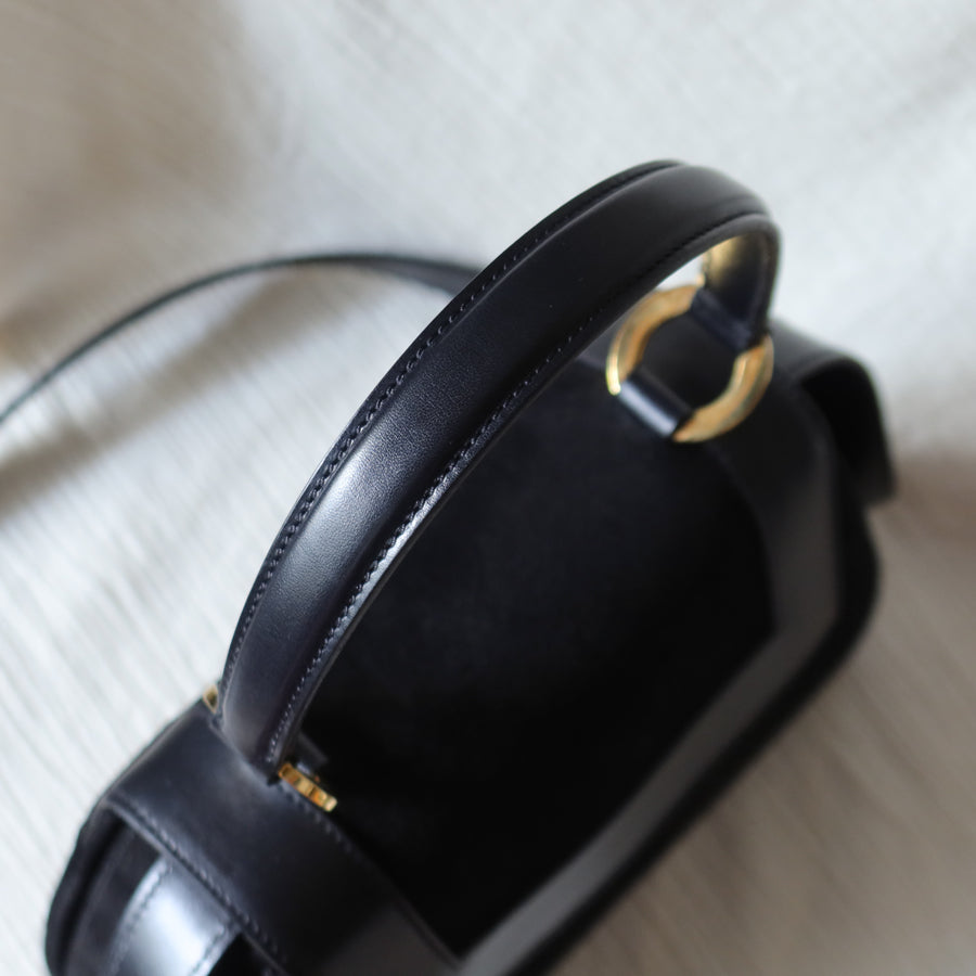 Celine Vintage Black Dual Leather Gold Ring Top Handle Shoulder Flap Bag