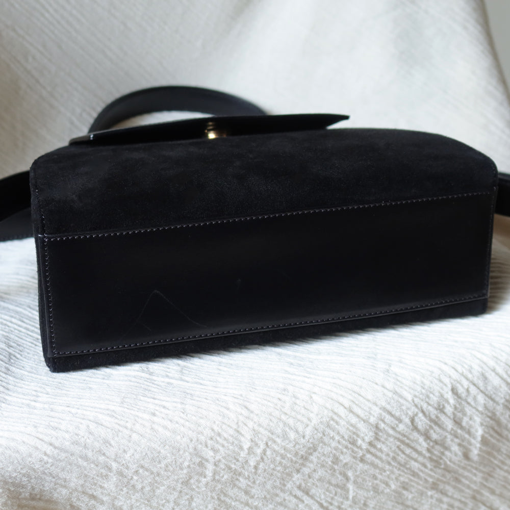 Celine Vintage Black Dual Leather Gold Ring Top Handle Shoulder Flap Bag