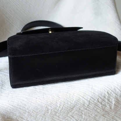 Celine Vintage Black Dual Leather Gold Ring Top Handle Shoulder Flap Bag
