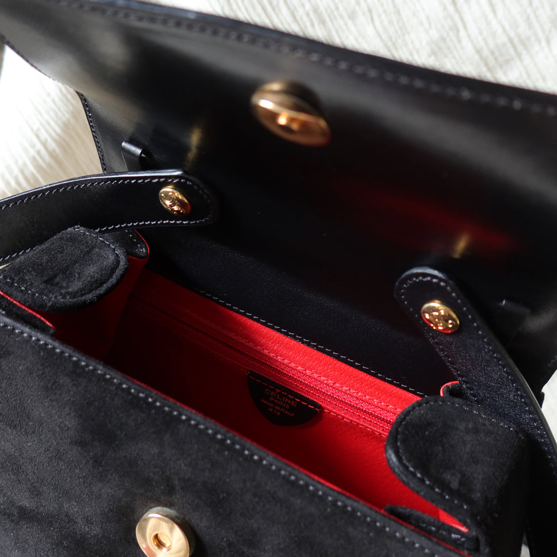 Celine Vintage Black Dual Leather Gold Ring Top Handle Shoulder Flap Bag