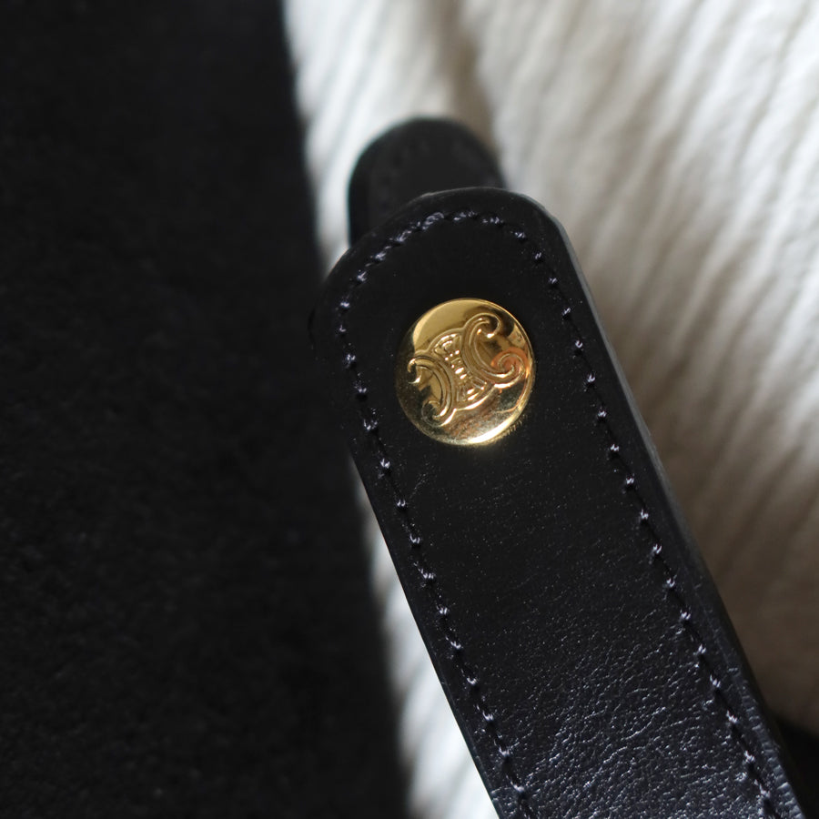 Celine Vintage Black Dual Leather Gold Ring Top Handle Shoulder Flap Bag
