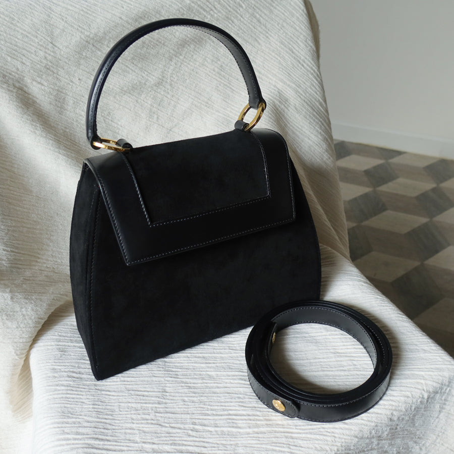 Celine Vintage Black Dual Leather Gold Ring Top Handle Shoulder Flap Bag