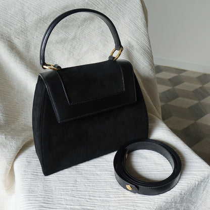 Celine Vintage Black Dual Leather Gold Ring Top Handle Shoulder Flap Bag