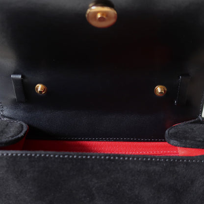Celine Vintage Black Dual Leather Gold Ring Top Handle Shoulder Flap Bag