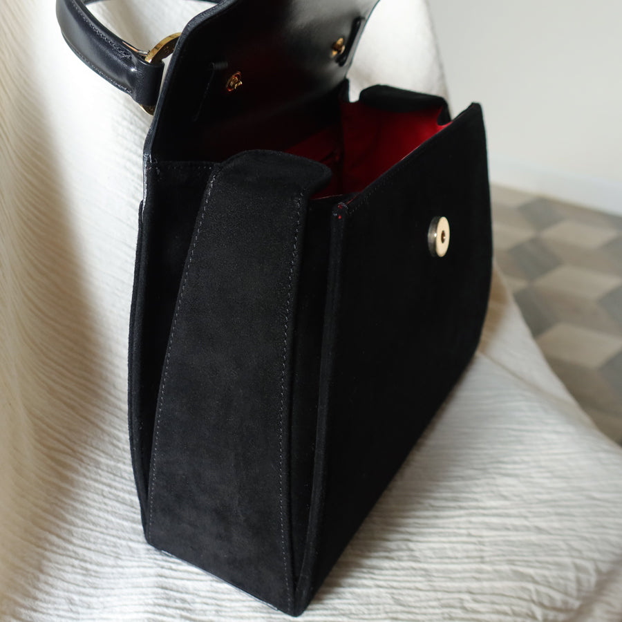 Celine Vintage Black Dual Leather Gold Ring Top Handle Shoulder Flap Bag