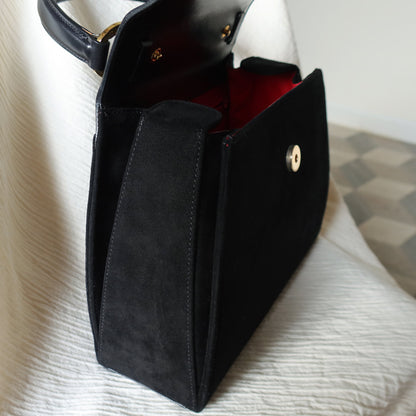 Celine Vintage Black Dual Leather Gold Ring Top Handle Shoulder Flap Bag
