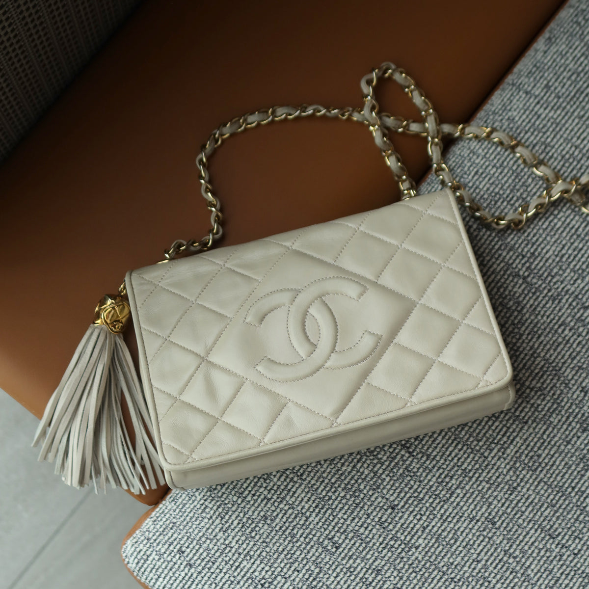 Chanel Vintage Matelasse Quilted Coco mark Light Beige Lambskin Flap Bag