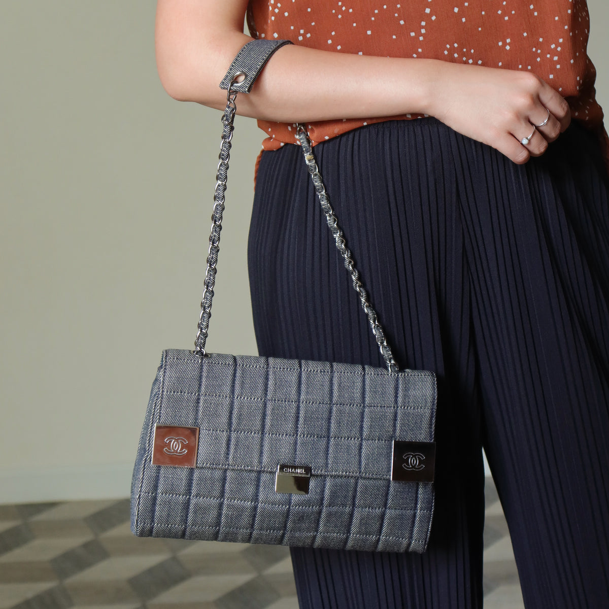 Chanel Vintage Denim Chocolate Bar Quilted Coco mark Shoulder Flap Bag