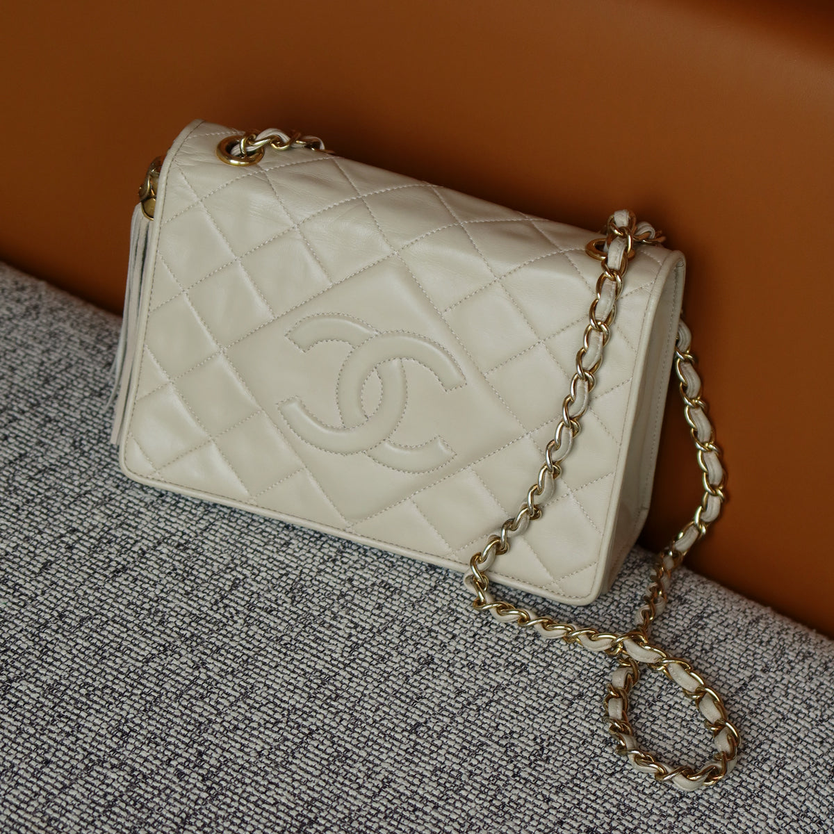 Chanel Vintage Matelasse Quilted Coco mark Light Beige Lambskin Flap Bag