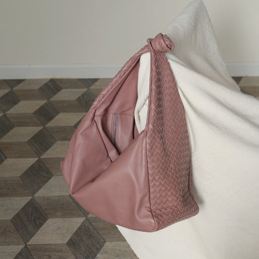 Bottega Veneta Dusty Pink Leather Intrecciato Weave Knot Large Hobo Shoulder Bag