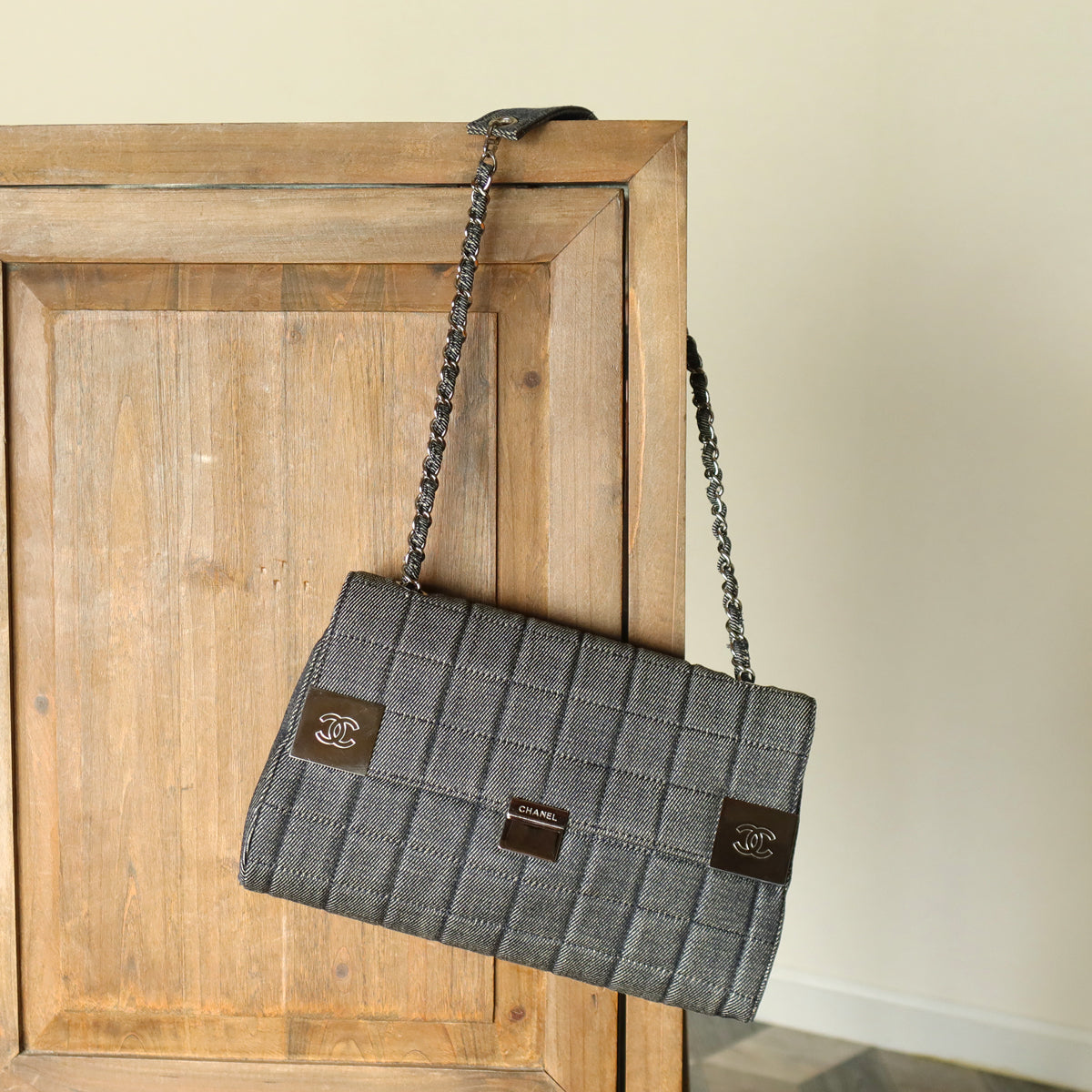 Chanel Vintage Denim Chocolate Bar Quilted Coco mark Shoulder Flap Bag