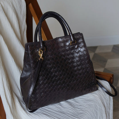 Bottega Veneta Vintage Dark Brown Intrecciato Leather 2way Bag