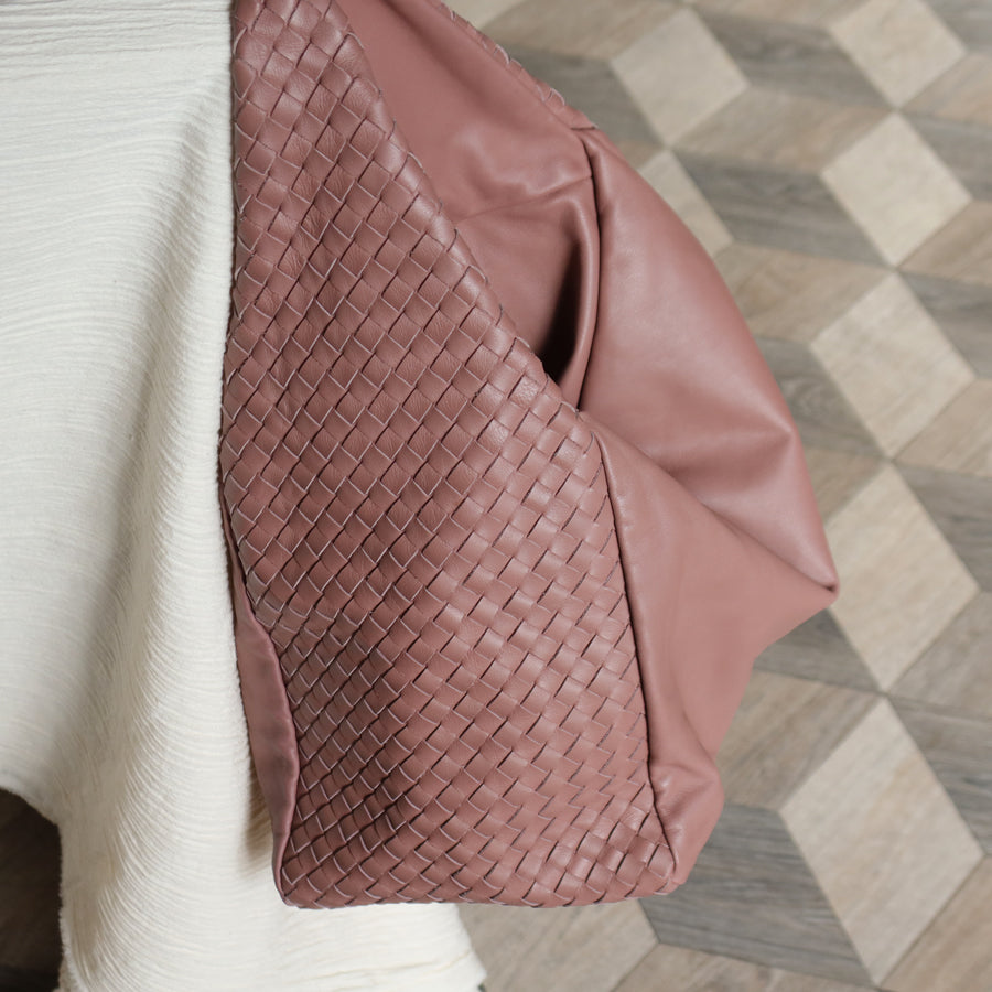 Bottega Veneta Dusty Pink Leather Intrecciato Weave Knot Large Hobo Shoulder Bag