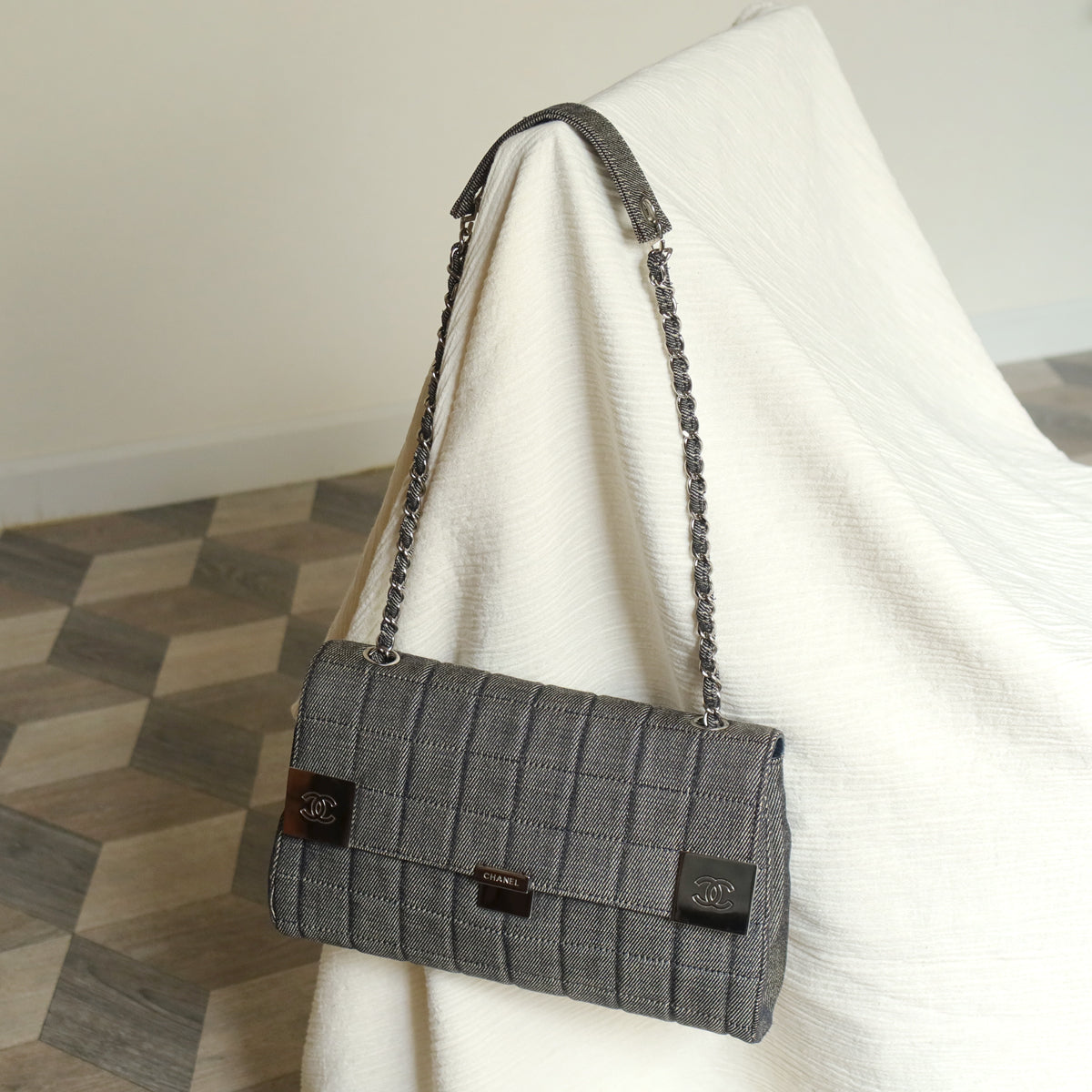 Chanel Vintage Denim Chocolate Bar Quilted Coco mark Shoulder Flap Bag