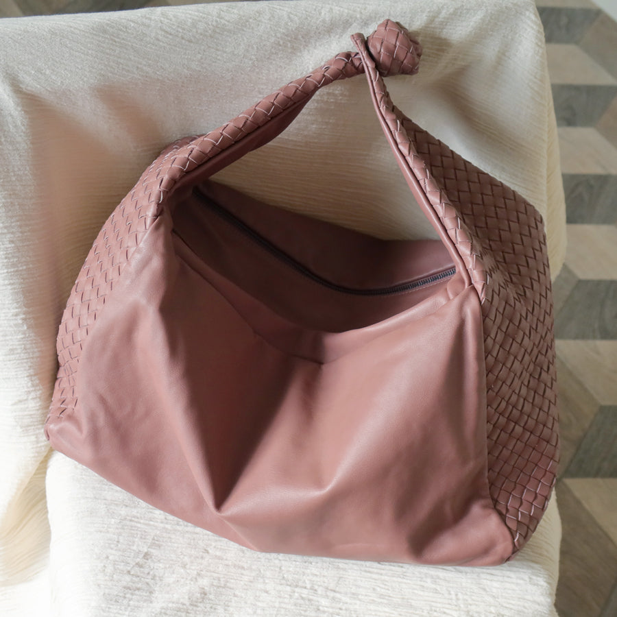 Bottega Veneta Dusty Pink Leather Intrecciato Weave Knot Large Hobo Shoulder Bag