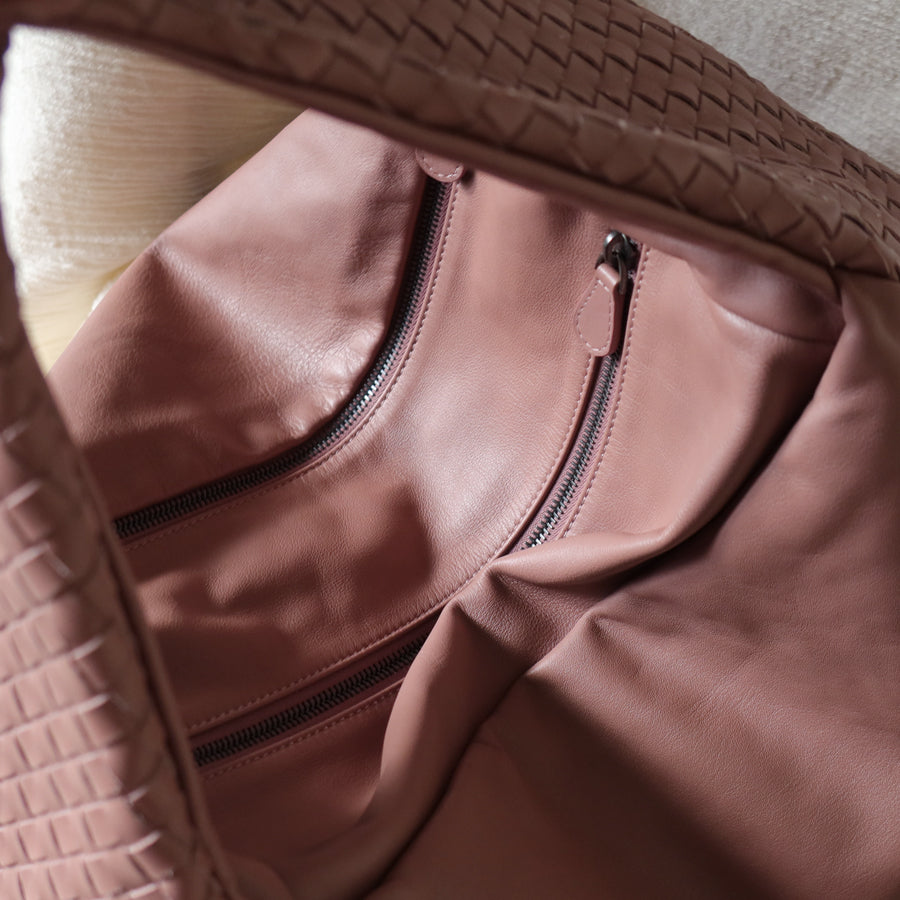 Bottega Veneta Dusty Pink Leather Intrecciato Weave Knot Large Hobo Shoulder Bag