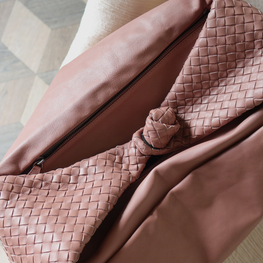 Bottega Veneta Dusty Pink Leather Intrecciato Weave Knot Large Hobo Shoulder Bag