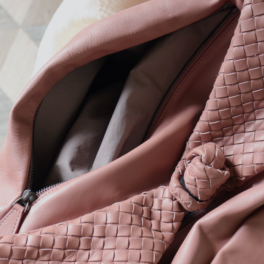 Bottega Veneta Dusty Pink Leather Intrecciato Weave Knot Large Hobo Shoulder Bag
