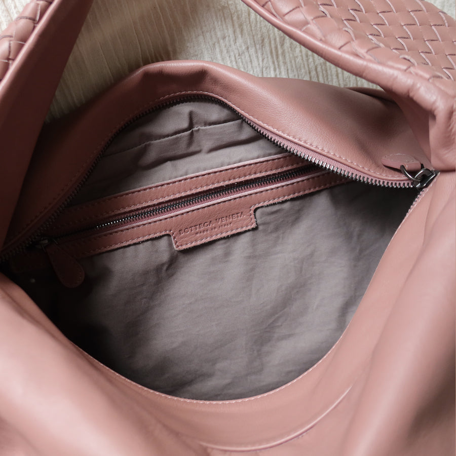 Bottega Veneta Dusty Pink Leather Intrecciato Weave Knot Large Hobo Shoulder Bag