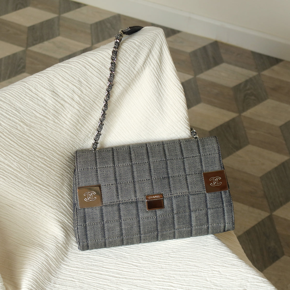 Chanel Vintage Denim Chocolate Bar Quilted Coco mark Shoulder Flap Bag
