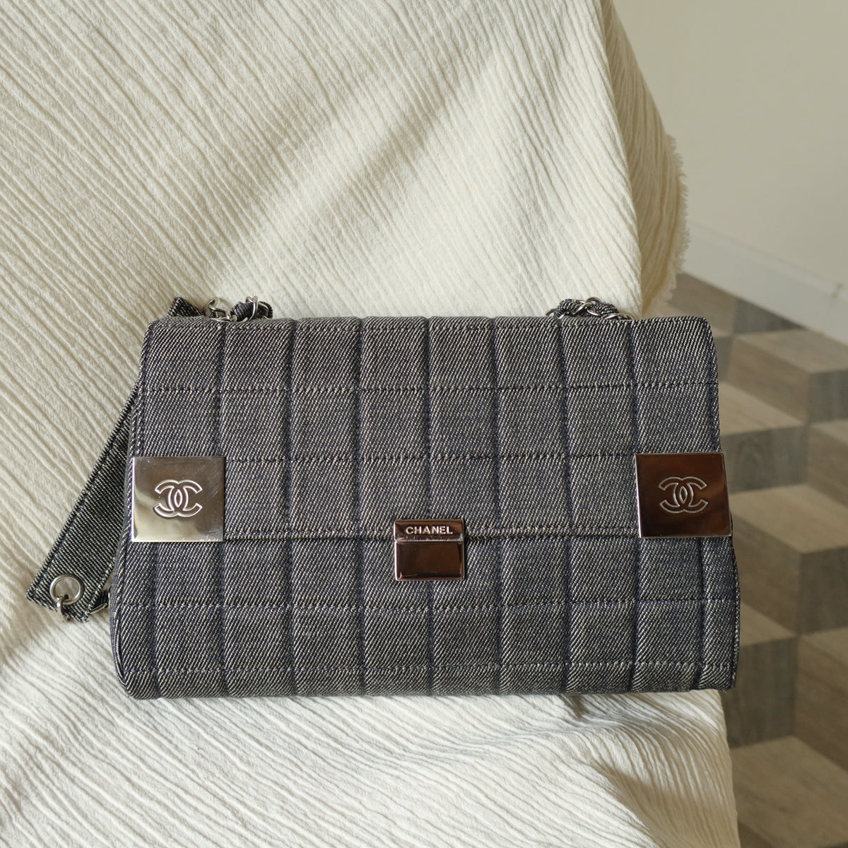 Chanel Vintage Denim Chocolate Bar Quilted Coco mark Shoulder Flap Bag